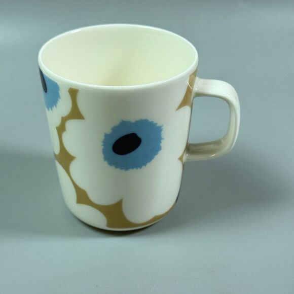 Marimekko Oiva Unikko Mug Cup Blue Bronze White Stoneware Floral - Picture 1 of 7